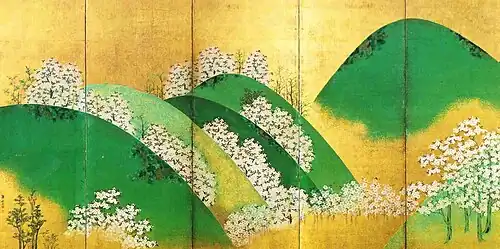 Watanabe Shikō. Admirer les fleurs, hanami, à Yoshino (Nara). Paravent (de 6&nbsp;panneaux), avant 1755. Encre et couleurs sur feuilles d’or sur papier.