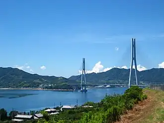 Pont blanc reliant deux îles vu de loin.