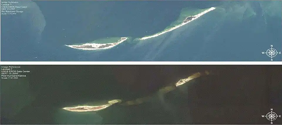 Ship Island avant et après l'ouragan Katrina.