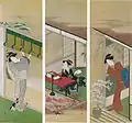 Katsukawa Shunshō (1726-1793), de gauche à droite : Sei Shōnagon (hiver), Murasaki Shikibu (automne) et Ono Komachi (printemps).