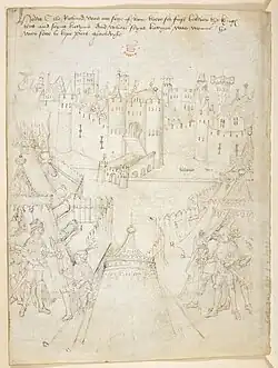 Siège de Rouen par Henri V, British Library, Cotton MS Julius E IV/3, fo&nbsp;19&nbsp;vo, quatrième quart du XVe&nbsp;siècle.