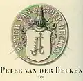 Sceau de Peter von der Decken datant de 1591. Peter vit de 1539 à 1619 et est le fils de Hermann, maire de Stade et fondateur de la première lignée. Peter possède les domaines de Kampe, Oerichsheil, Ritterhof et Wechtern.Cette forme d'armoiries de 1591 est conservée jusqu'à aujourd'hui.