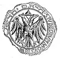 Sceau de la communauté juive d'Augsbourg, (Allemagne) montrant l'aigle impérial avec le chapeau pointu des Juifs (1298)