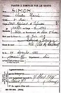 Fiche de décès de Charles Simon, mort pour la France à Écurie en 1915.