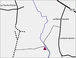 Plan d'accès au site géologique (triangle violet) de la Haute-Hautière au Sud-Est du bourg de Bréal-sous-Montfort près du ruisseau de la Roche.