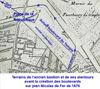 Site du bastion du Temple sur plan Nicolas de Fer de 1676 après démolition de l’enceinte avant l’ouverture des boulevards