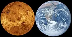 Vénus et la Terre sont représentées côte à côte, leur taille étant similaire