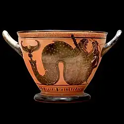 Skyphos attique. Lutte d'Héraclès contre Triton (Nérée). Céramique grecque à figures noires. Époque archaïque VIe&nbsp;siècle AEC