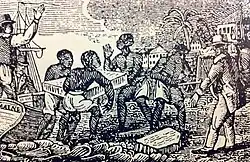 Gravure montrant des hommes noirs ne portant qu'un pagne portant des plaques blanches sous la menace d'un fouet tenu par un homme blanc.