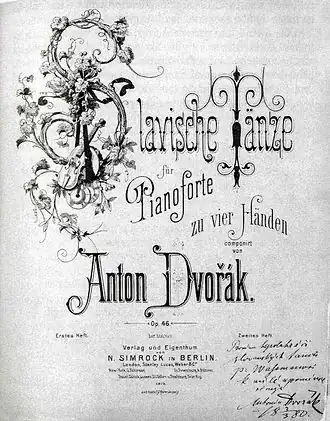 Page de garde des Danses slaves, op. 46 et 72 de Dvořák, dans sa version pour piano à quatre mains.