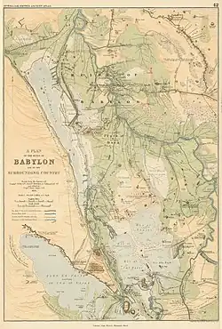Plan de la région de Babylone vers le milieu du XIXe&nbsp;siècle, avec divers sites babyloniens : Babylone (Babil, Hilla), Borsippa (Birs Nimrud), Kutha (Tell Ibrahim). W. Smith, Atlas of ancient geography, biblical and classical, 1874.