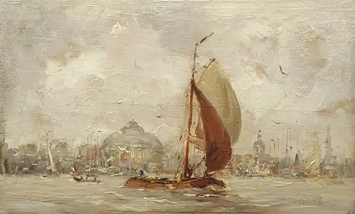 Hobbe Smith&nbsp;(en), Tjalk sous voiles quittant le port d'Amsterdam (1900, coll. priv.).