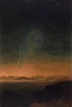 A night-time view showing an eyewitness account of the Great Comet of 1843, painted by astronomer Charles Piazzi Smyth