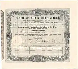 Titre nominatif de 5 actions de 500 francs de la Société générale de Crédit mobilier, émis le 20 mars 1866, signé par Émile Pereire.
