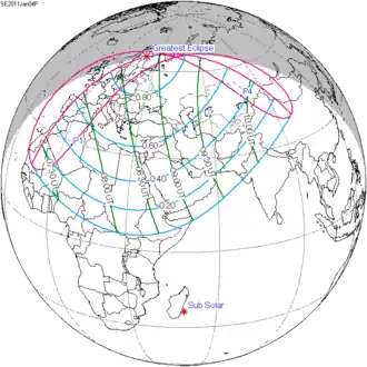 Carte de l'éclipse générale.