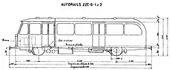 Diagramme d'un petit autorail ressemblant à un autobus sur rail.