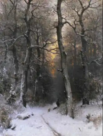 Sophus Jacobsen, Coucher de soleil en forêt, 1878
