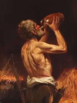 Peinture qui représente un homme de profil, torse nu, aux cheveux et à la barbe gris, buvant à un pichet qu'il tient des deux mains.