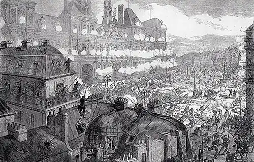 Dessin montrant l'émeute devant l'hôtel de ville.