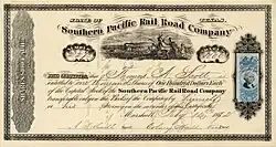 Action de la Southern Pacific Railroad Company de 1 000 parts de 100 $ chacune, émise à Marshall, Texas, le 16 février 1872, enregistrée au nom de son président Thomas A. Scott