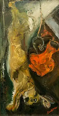 Nature morte comportant un lapin suspendu par les pattes arrières et une cruche en terre cuite