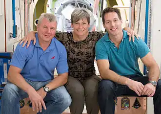 L'équipage du Soyouz MS-03 (de gauche à droite) : le Russe Oleg Novitski, l'Américaine Peggy Whitson et Thomas Pesquet.