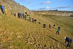 Excursion sur le terrain de l'Association paléontologique à la carrière de Spaunton, dans le Yorkshire (décembre 2014). L'unité rocheuse principale est la formation d'oolite corallienne (Jurassique supérieur).