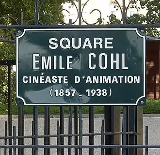 Plaque du square Émile-Cohl à Paris.