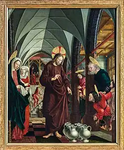 Sous la voute de ce qui ressemble à une église, Jésus, devant une série de jarres brillantes, entourée, d'un côté de femmes saintes, de l'autre d'homme saint.