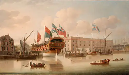 Lancement du navire de ligne de 4e rang, le St Albans, au chantier naval de Deptford en 1747. Peinture de John Cleveley l'Aîné
