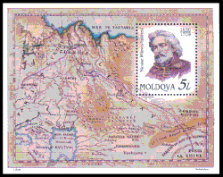 Timbre de Moldavie avec la carte des découvertes de l'ambassade de Nicolae Milescu