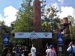 Personnes devant un panneau avec une forêt derrière.