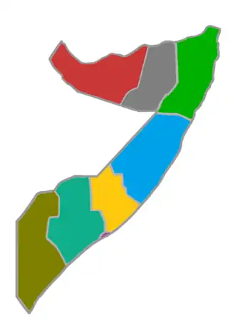 Les 7&nbsp;États fédérés de la Somalie de jure depuis 2023 : Somaliland (rouge), Khatumo (gris), Pount (vert), Galmudug (bleu), Hirshabelle (jaune), Somalie-du-Sud-Ouest (bleu-vert) et le Jubaland (olive) auxquels s'ajoute Muqadishu (Mogadiscio) (capitale fédérale, violet).