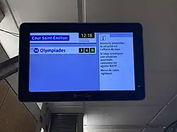 Écran SIEL de la ligne 14 à la station Cour Saint-Émilion avec l'ancien affichage façon « IMAGE ».