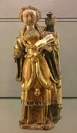 Sainte Barbe, Malines, début XVIe&nbsp;siècle, bois de chêne, musée des Beaux-Arts de Lyon.