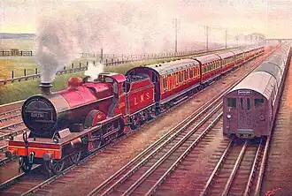 Illustration d'une 4P tractant un express longeant un train de banlieue électrique à Harrow (Londres).