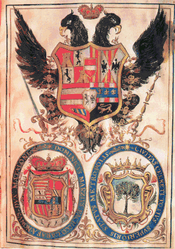 Page de livre ancien, avec en haut un aigle bicéphale recouvert par un blason, et en bas deux cercles bleus contenant chacun un autre blason ; dans la bordure du cercle de gauche on lit DOMINICUS MARZIUS PACECCO GARAFA NONUS DUX MATALONI et dans la bordure du cercle de droite on lit CIVITAS CERRETI TOTIUS SUPERIORIS STATUS METROPOLIS ; l'aigle tient dans sa serre gauche une épée et dans sa serre droite un bâton.