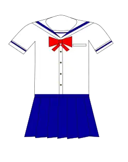 Dessin montrant un uniforme traditionnel d'écolière japonaise : robe, haut avec col marin et nœud sur le devant. Appelé Sailor Fuku, les personnages principaux, les guerrières Sailor, portent un costume inspiré de cet uniforme.