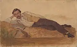 Tableau. Homme en chemise et gilet, allongé sur un sofa, se tenant la tête d'une main, les jambes croisées, et lisant.