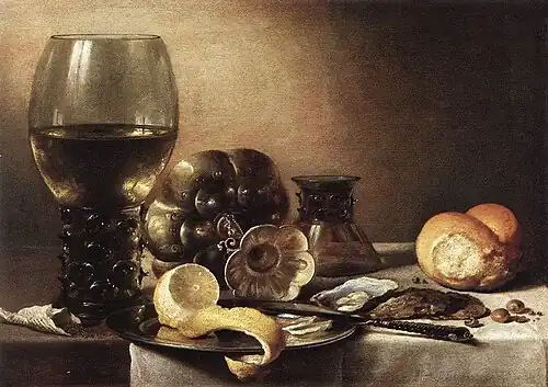 Nature morte, huile sur planche de chêne, 38&nbsp;×&nbsp;53&nbsp;cm, 1633 (Gemäldegalerie Alte Meister, Cassel).