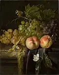 Still life of fruit, with peaches and grapes arranged on a velvet draped stone ledge, with butterflies, huile sur peinture.