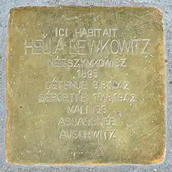 Hella Lewkowitz, née Szymkowicz, boulevard Jacques Bertrand, 35 à Charleroi.