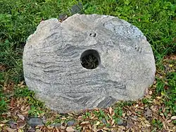 Pierre ovale beige avec des veines ondulées gris sombre