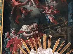 Sigismond priant à Agaune pour l'absolution du meurtre de son fils devant son cercueil en verre, église Strobl, Salzbourg.