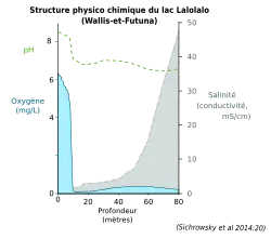schéma montrant une petite zone bleue en bas à droite (= l'oxygène est présent uniquement en surface), une surface grise de plus en plus grande vers la droite (= la salinité augmente avec la profondeur) et une ligne pointillée verte montrant le pH, entre 8 et 6.