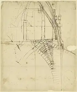 Dessin représentant une vue en coupe d'un bâtiment avec arcades.
