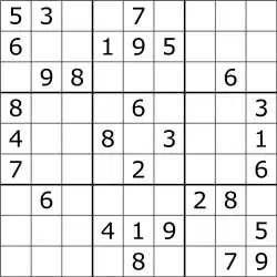 A typical Sudoku puzzle, a 9x9 grid with several numbers missing