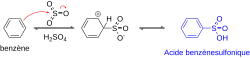 Schéma des étapes de la sulfonation du benzène, aboutissant à l'acide benzènesulfonique