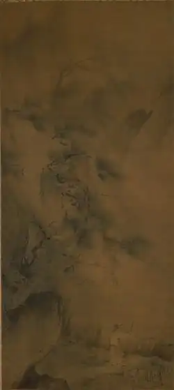 Hu Zhifu, Montagne en été (絹本著色夏景山水図, « kenpon choshoku kakei sansui-zu »). Rouleau suspendu, 126.9 cm x 54.5 cm; couleur sur soie, XIIIe&nbsp;siècle. L'œuvre, reconnue Trésor national du Japon(catégorie peinture).