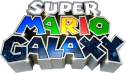 Super Mario Galaxy est inscrit sur trois lignes avec de gros caractères.